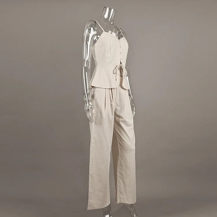 2 Pcs Office Pant Suits Solid Beige Wide Leg
