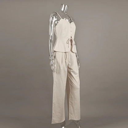 2 Pcs Office Pant Suits Solid Beige Wide Leg