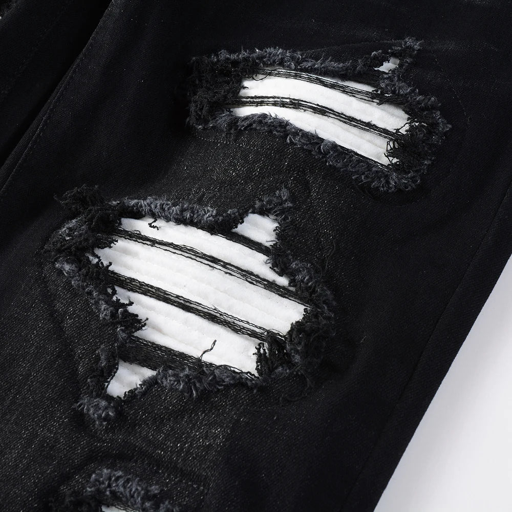 Men's White Pleated Patch Denim Jeans Streetwear