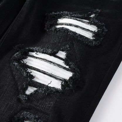 Men's White Pleated Patch Denim Jeans Streetwear
