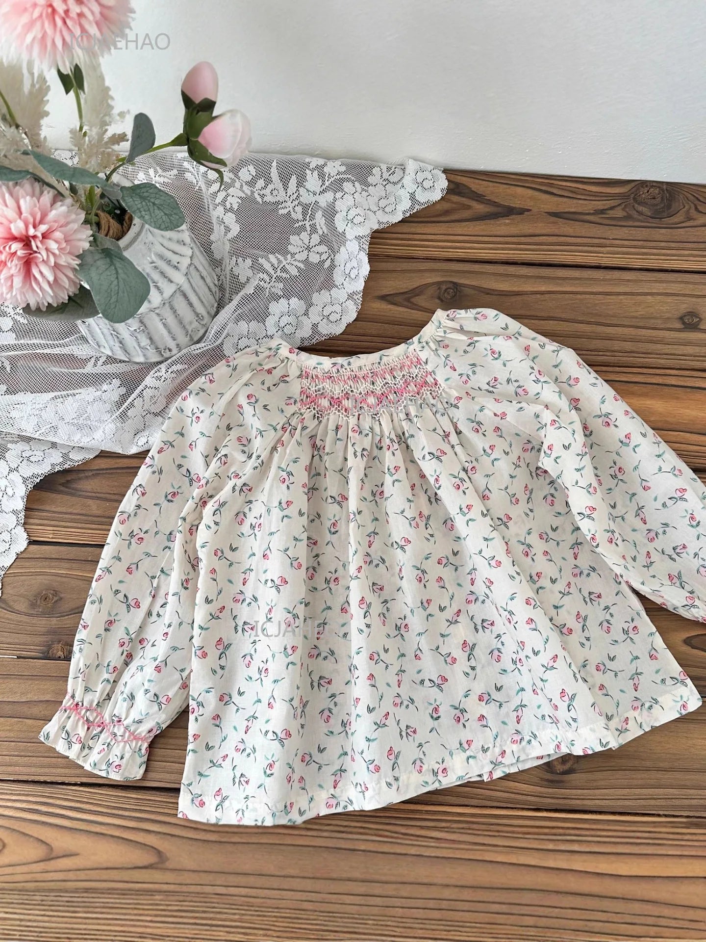 Girls Printed Hand Smocked Blouse Cotton Shirt