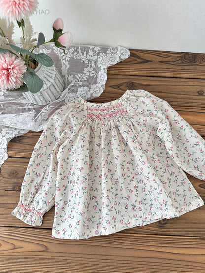 Girls Printed Hand Smocked Blouse Cotton Shirt