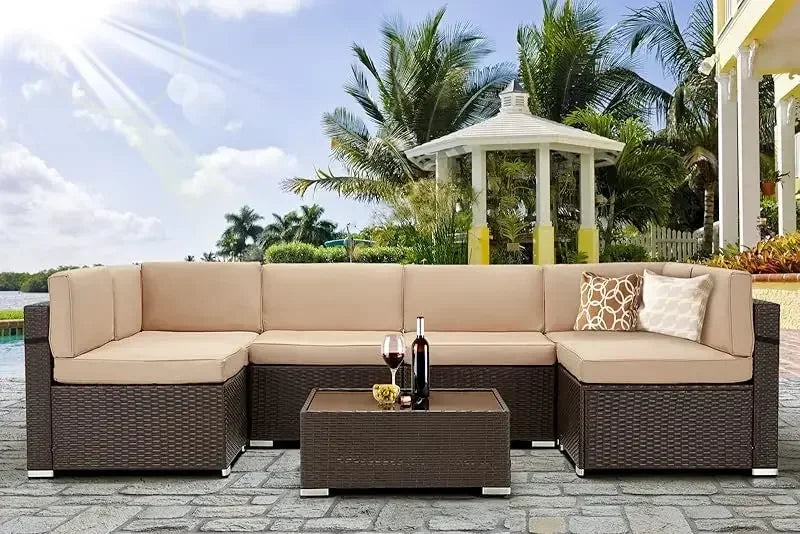 7 Piece Rattan Gray Wicker Outdoor Sectional Furniture Set