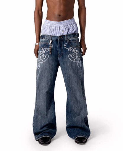 Men/Women Bootcut Jeans Vintage Washed Embroidery Pants