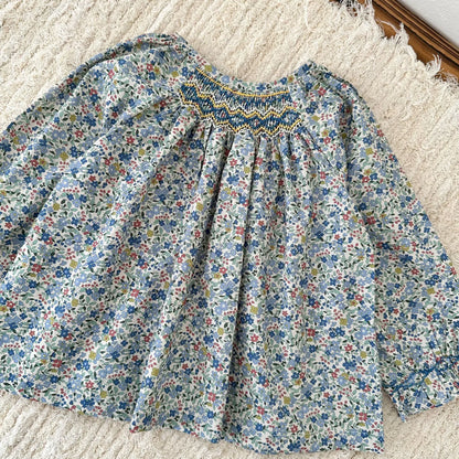 Girls Printed Hand Smocked Blouse Cotton Shirt