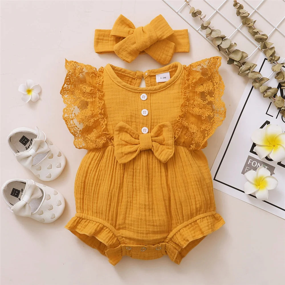 0-18 Month Solid Color Sleeveless Round Neck Lace Edge