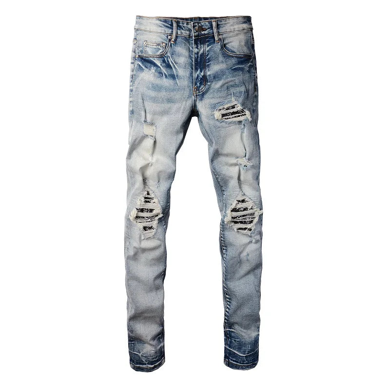 Men Paisley Bandana Print Patch Jeans Skinny