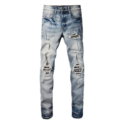 Men Paisley Bandana Print Patch Jeans Skinny