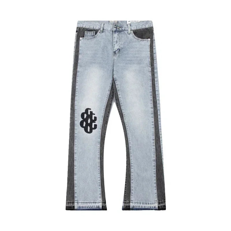 Retro Washed Spliced Denim High Brand Jeans