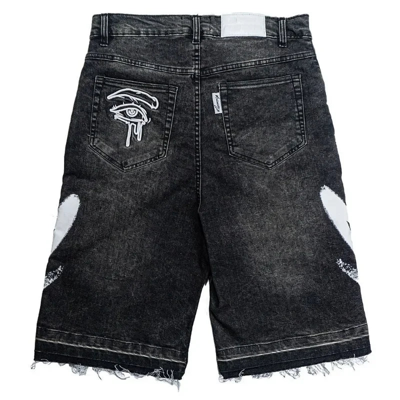 Mens Embroidery Black Jeans  Vintage Baggy Shorts