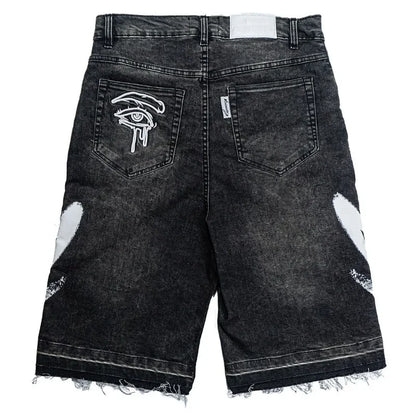 Mens Embroidery Black Jeans  Vintage Baggy Shorts