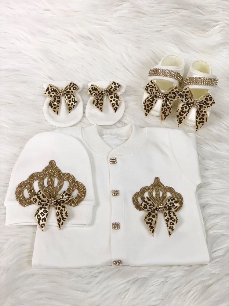 4 Pcs Boy/Girl Rhinestone Crown Jumpsuit Clothing