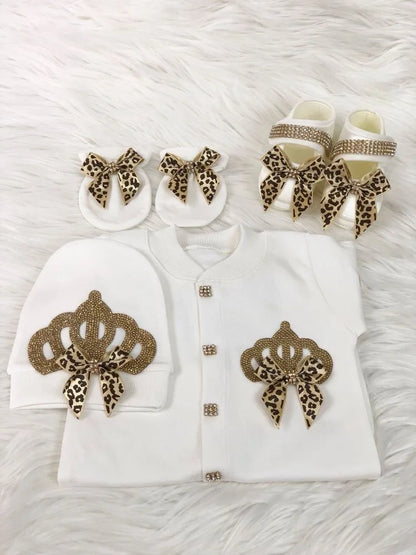 4 Pcs Boy/Girl Rhinestone Crown Jumpsuit Clothing
