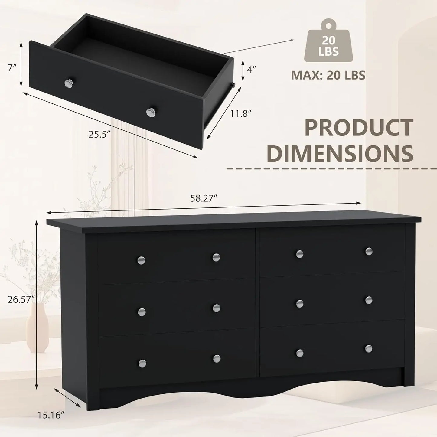 Black 6 Drawer Storage Chest of Drawers