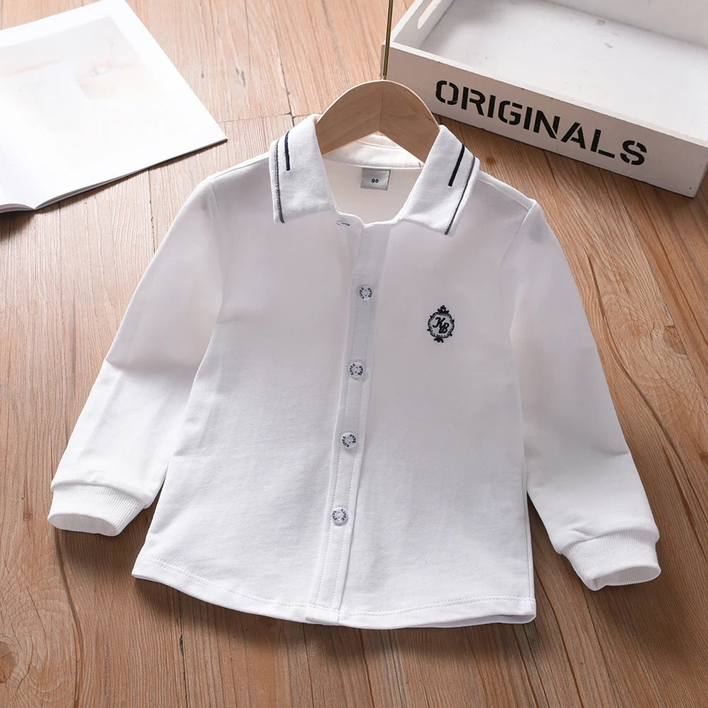 Boys' Long Sleeve White Shirt Embroidered Cotton