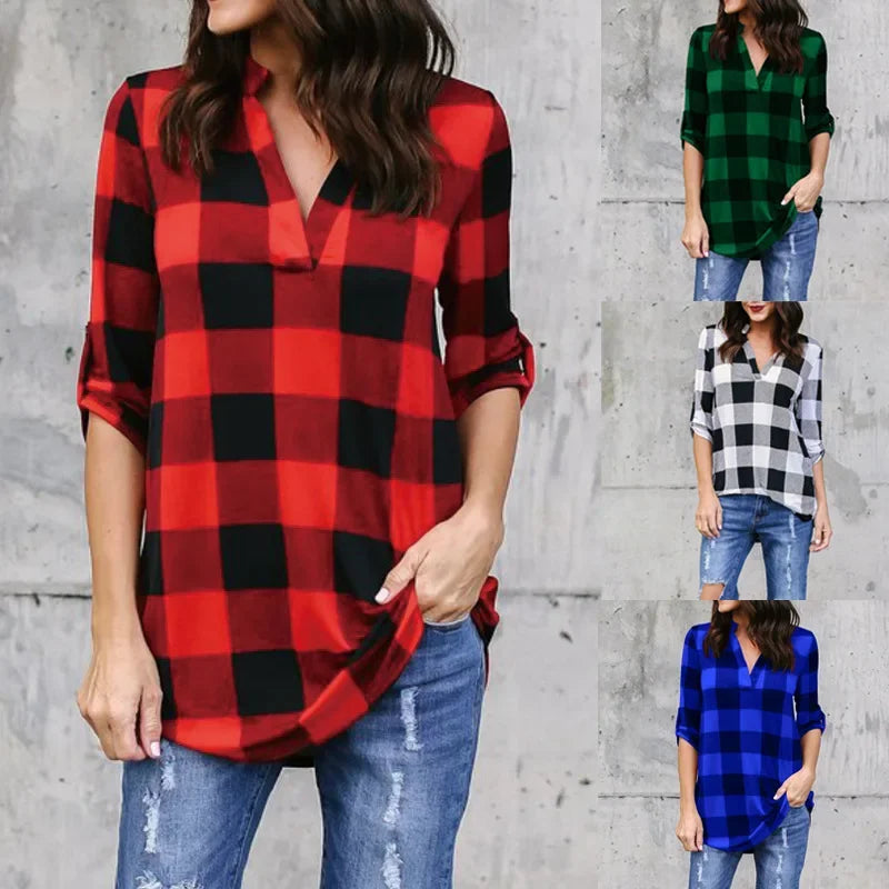 Fashion Plaid V-neck T-Shirt Woman Casual Shirt