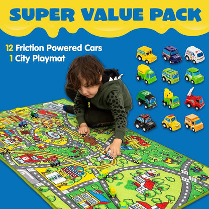Carpet Playmat w/ 12 Cars Pull-Back Vehicle