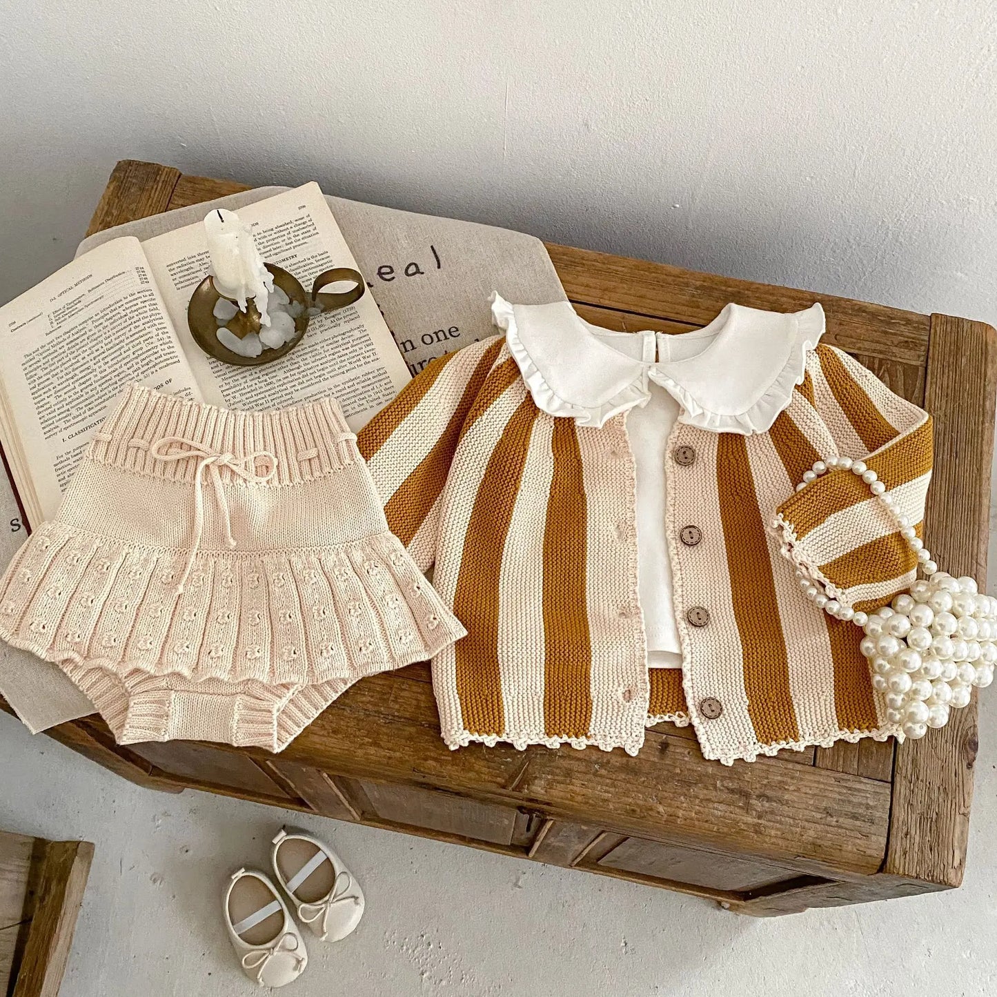 2 Pcs Baby Girls Long Sleeve Striped Cardigan Coat+ Shorts