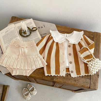 2 Pcs Baby Girls Long Sleeve Striped Cardigan Coat+ Shorts