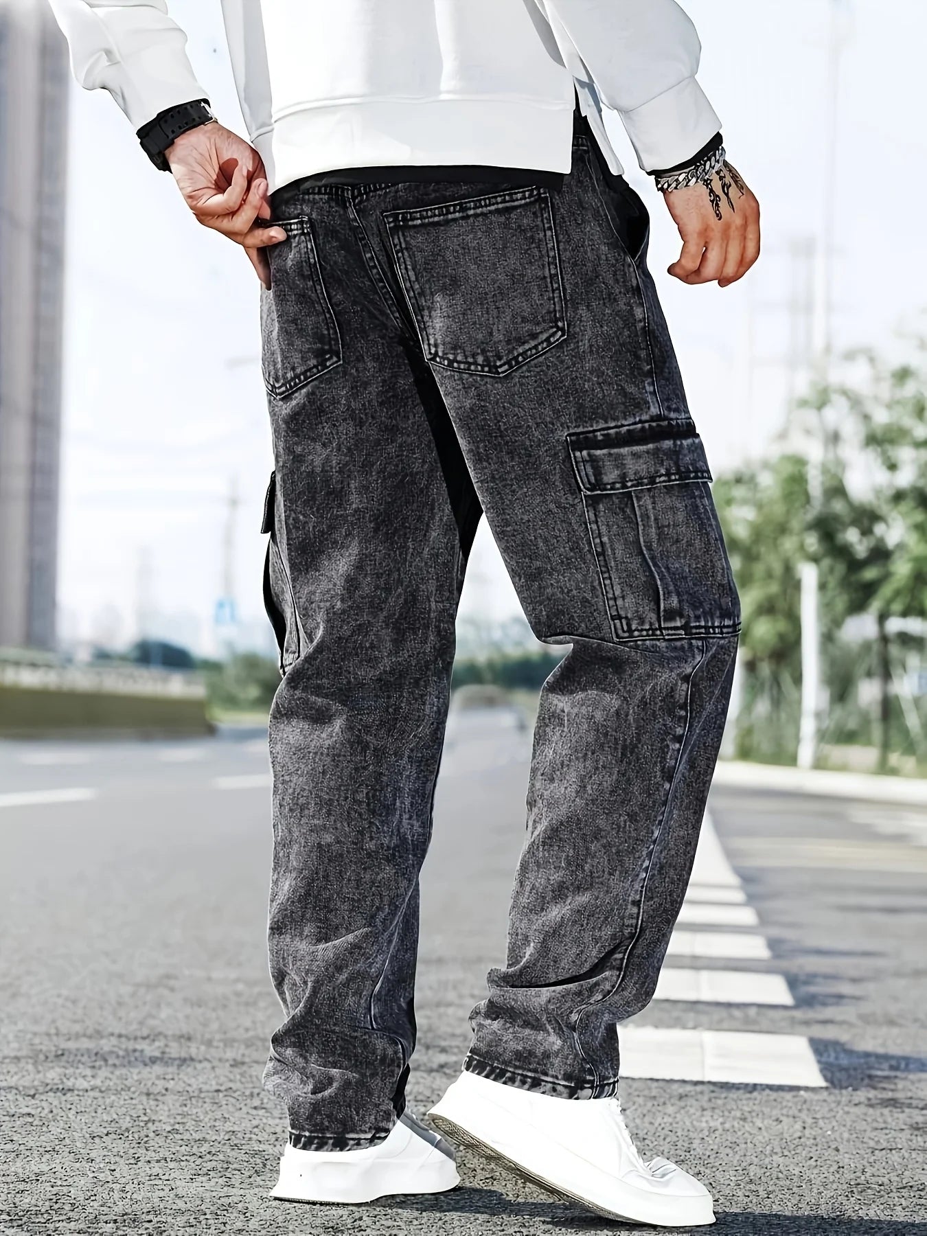 Fashionable Men's Denim Washed Workwear Jeans