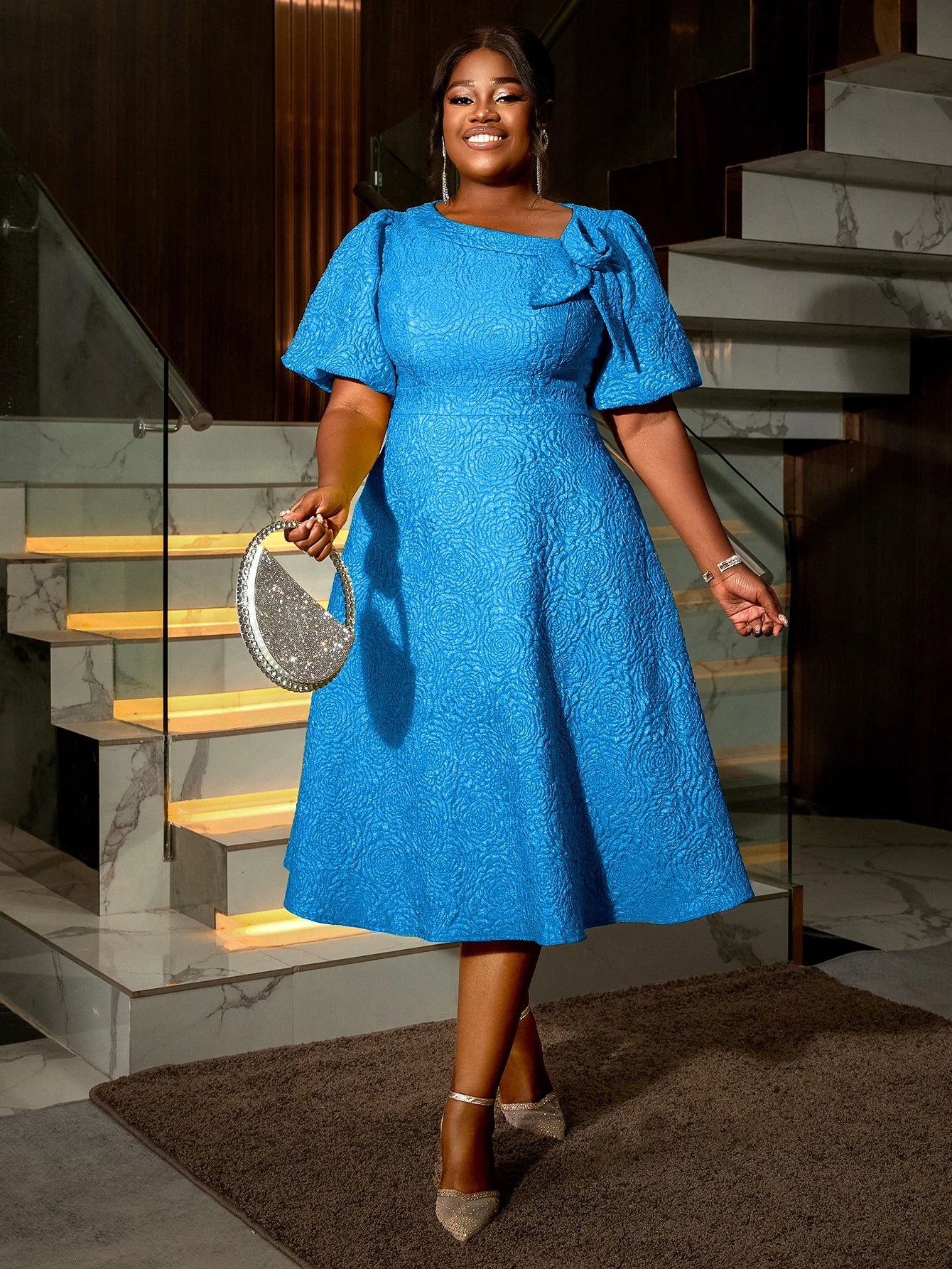 Elegant A-line Dress Short Sleeve 3D Puff Sleeves