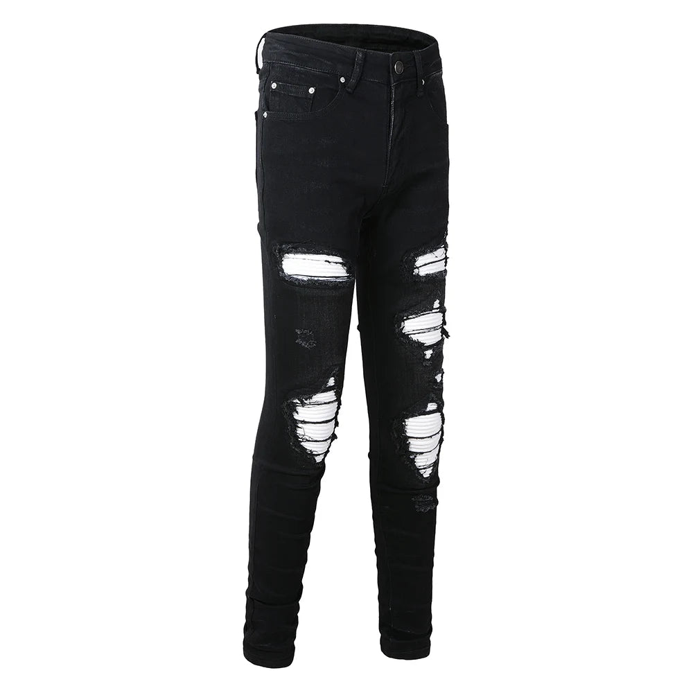 Men's White Pleated Patch Denim Jeans Streetwear