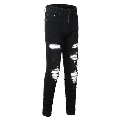 Men's White Pleated Patch Denim Jeans Streetwear