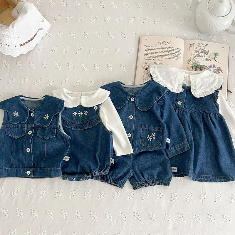2 Pcs Lapel Denim Baby Girl Romper Set