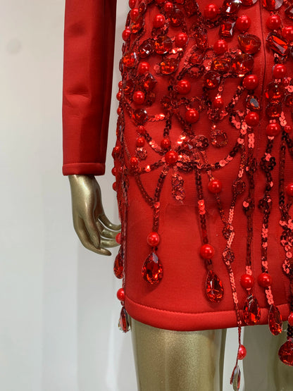 Sparkly Crystal Pearls Mini Dress Luxury Red Fashion