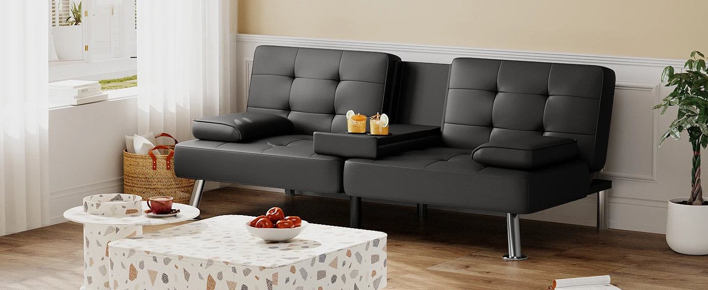 Leather Futon Couch with Removable Armrests