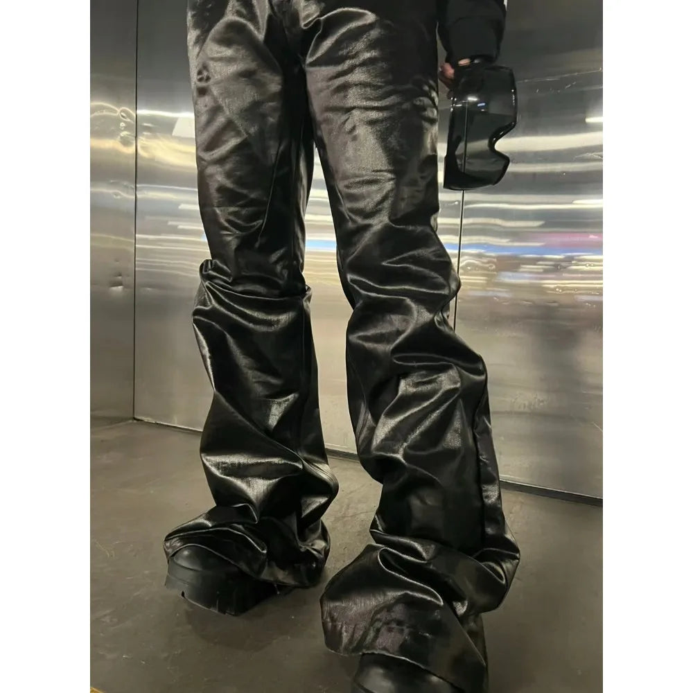 Men's Dark Coated Glossy Leather Black Jeans
