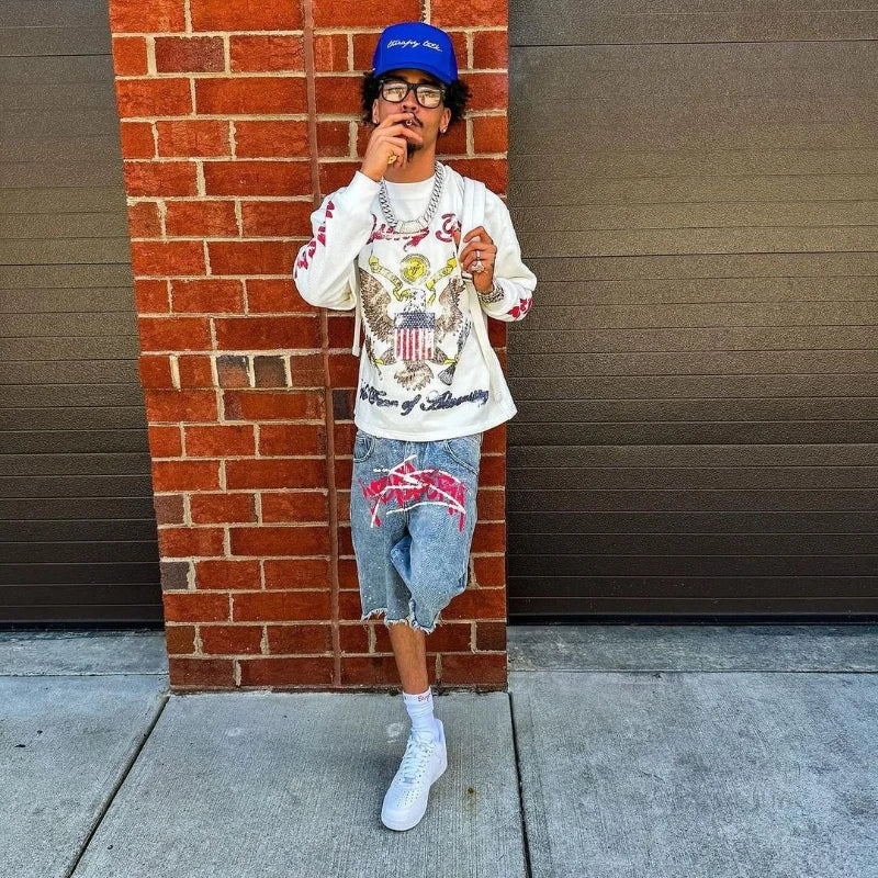 Graffiti Rhinestone Denim Baggy Shorts Men Women