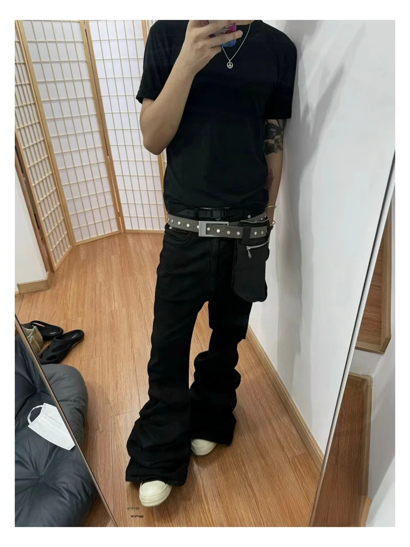 Basic Black Ribbon Loose Flared Casual Jeans