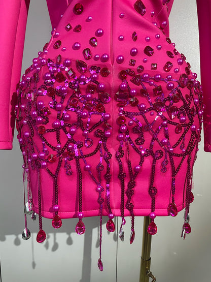 Sparkly Crystal Pearls Long Sleeve Mini Dress