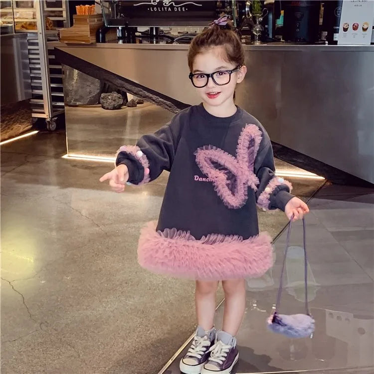 Girls' Casual Stylish Patchwork Tulle Hoodie Dresses