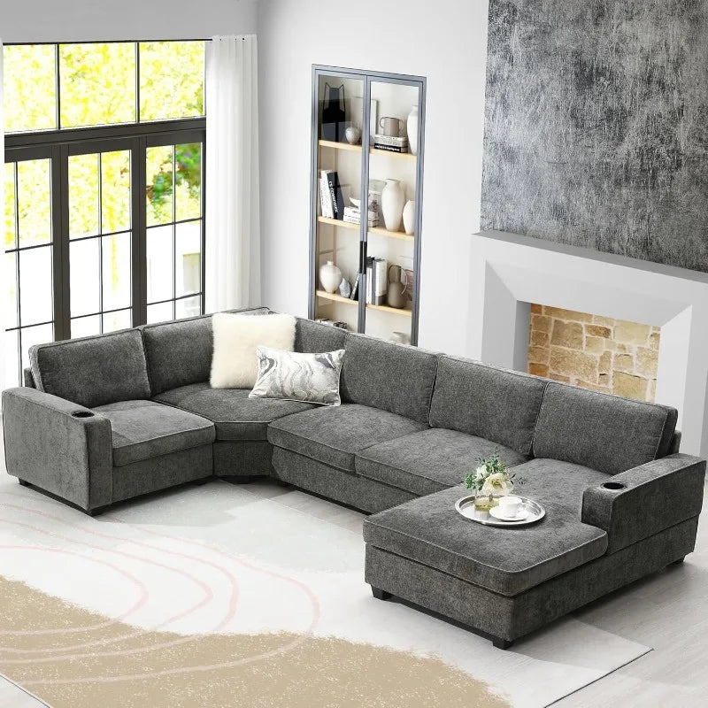 Modern U-Shaped Oversized Chaise Lounge, Cup Holders