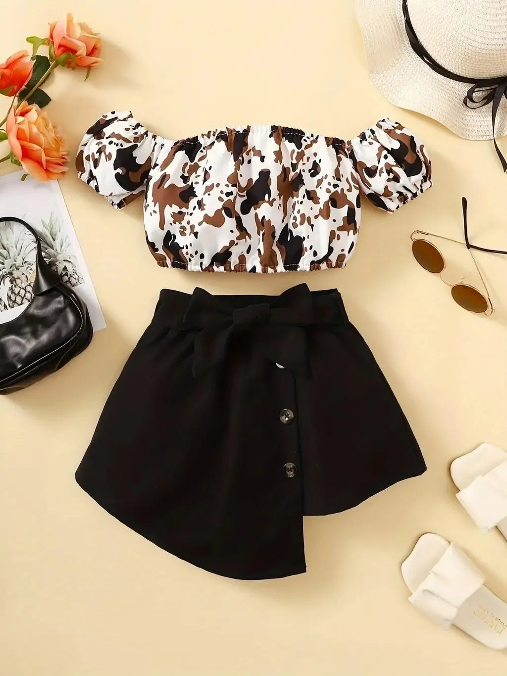 2PCS Girl Summer Clothes Set Off Shoulder Leopard