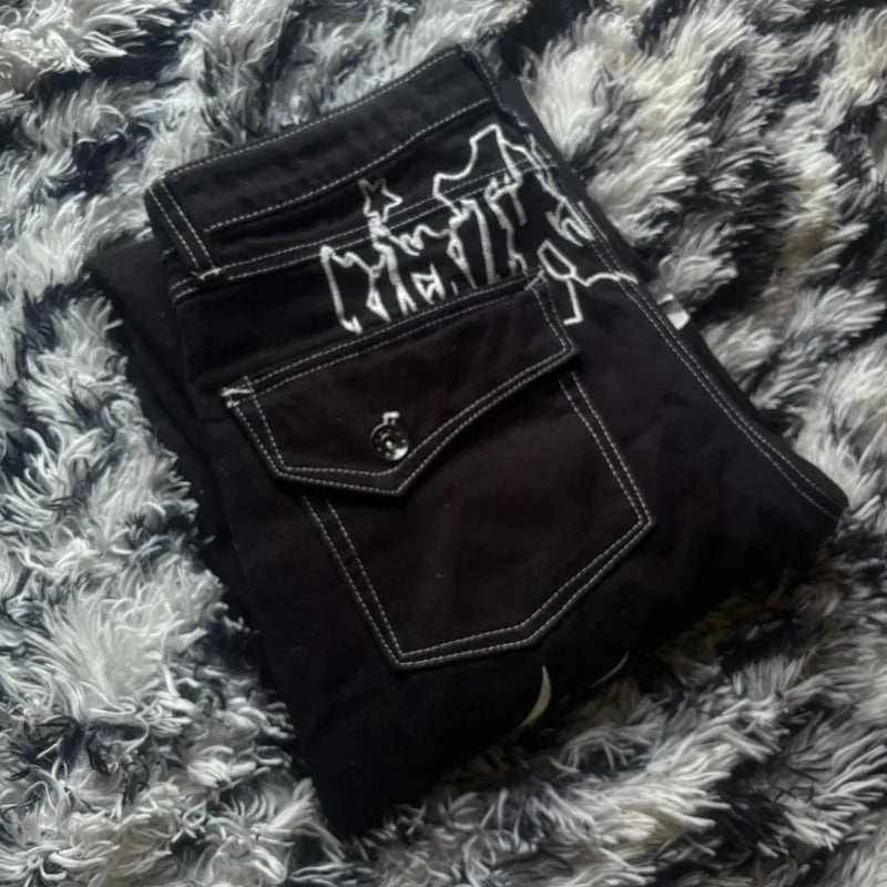 Oversize Geometric Letter Printing Washed Black Jeans