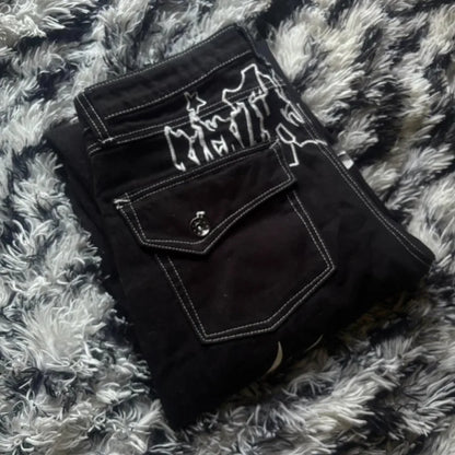 Oversize Geometric Letter Printing Washed Black Jeans