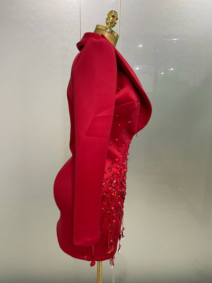 Sparkly Crystal Pearls Long Sleeve Mini Dress