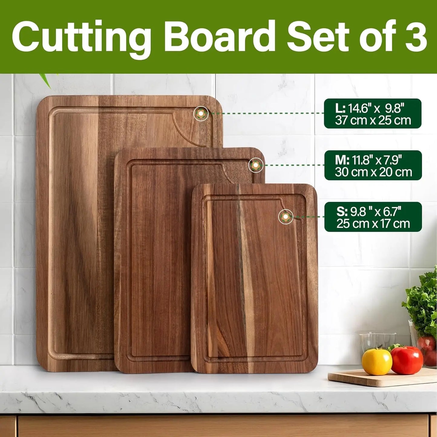 3 Pcs Acacia Wood Cutting Boards with Juice Groove