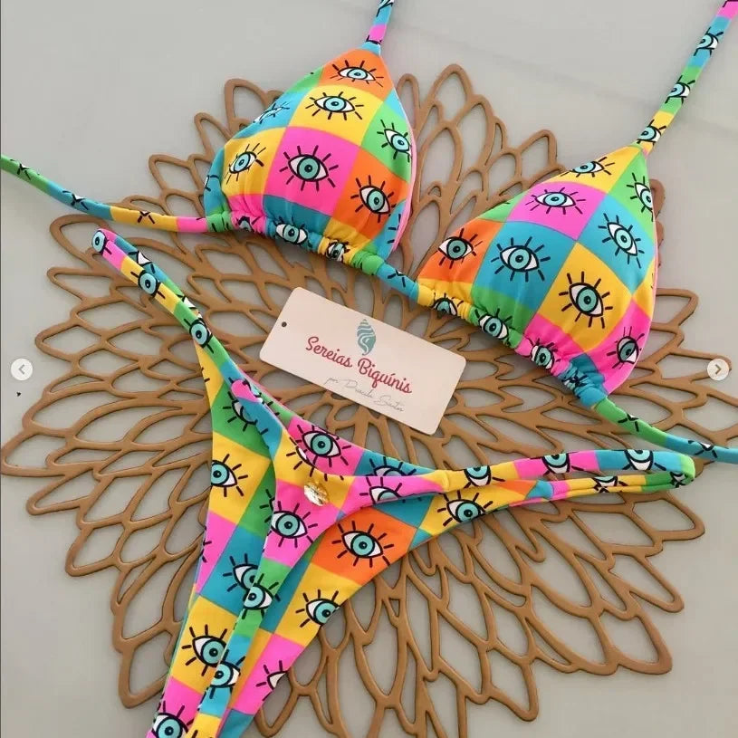 Print Sexy Bikini Sets Halter Lace-up  Beach