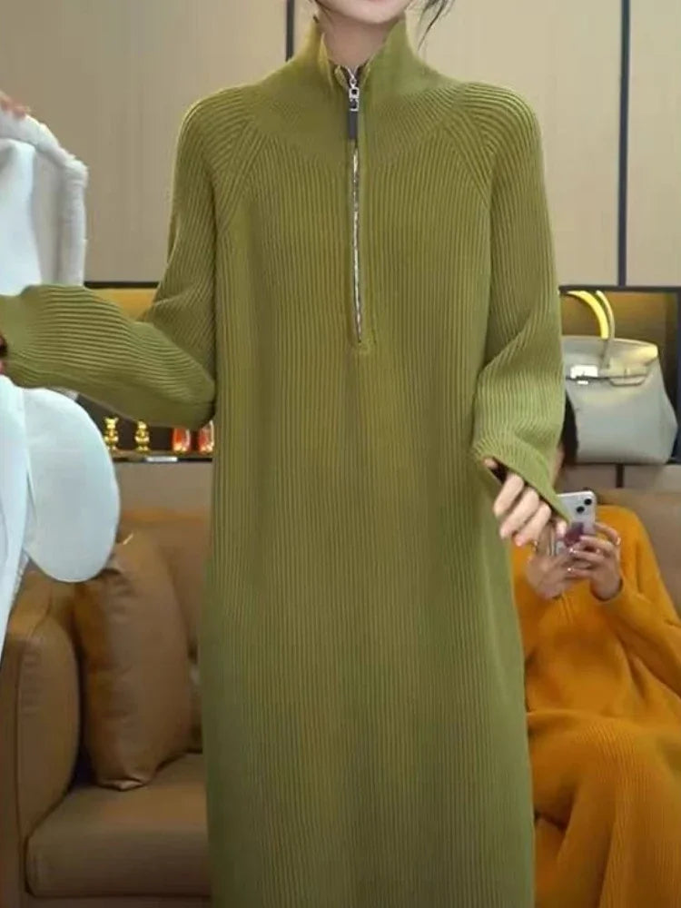 Plain Long Polo Collar Woman Knitted Dress