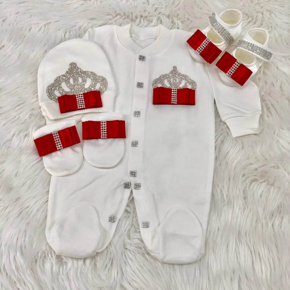 4 Pcs Boy/Girl Rhinestone Crown Jumpsuit Clothing