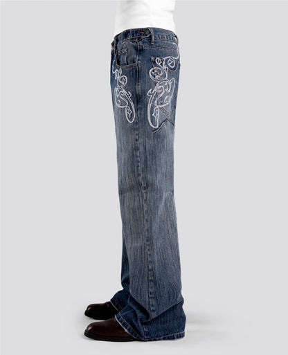 Men/Women Bootcut Jeans Vintage Washed Embroidery Pants