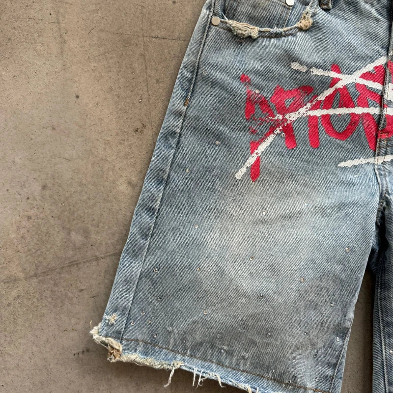 Graffiti Rhinestone Denim Baggy Shorts Men Women