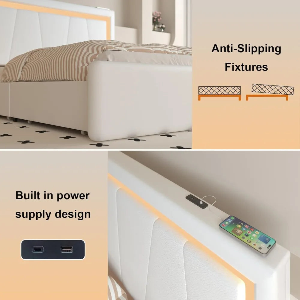 Upholstered Platform LED Bed with Type-C&USB
