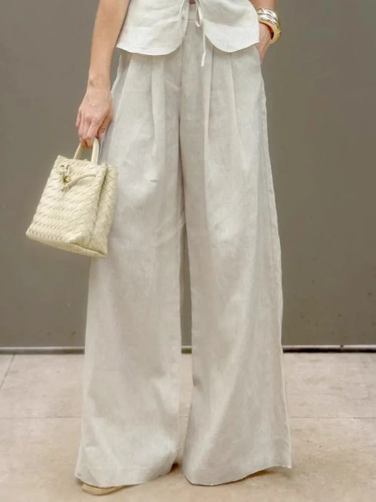 2 Pcs Office Pant Suits Solid Beige Wide Leg