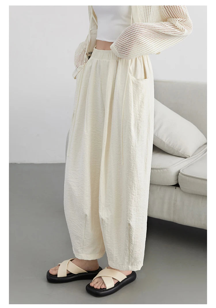 White Pants Casual Elastic High Waisted Womens