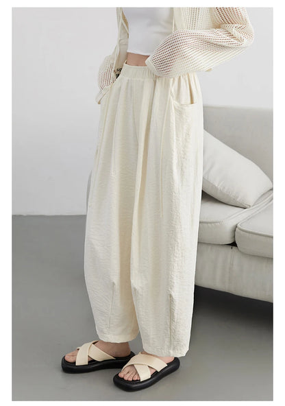 White Pants Casual Elastic High Waisted Womens